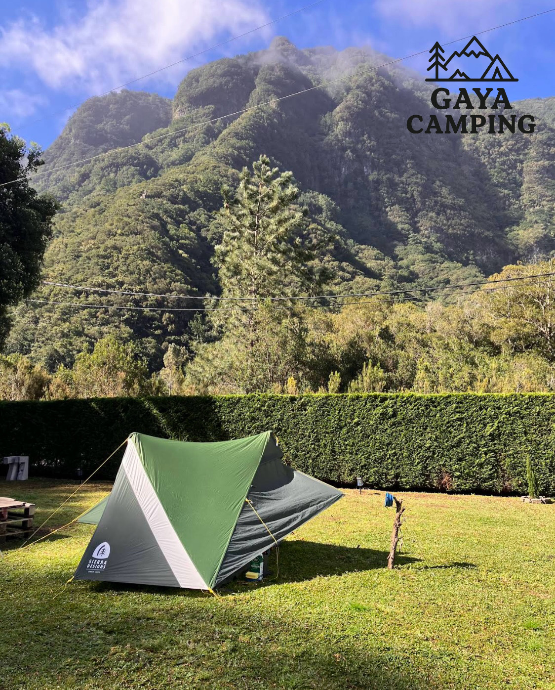 Tenda verde com montanha ao fundo