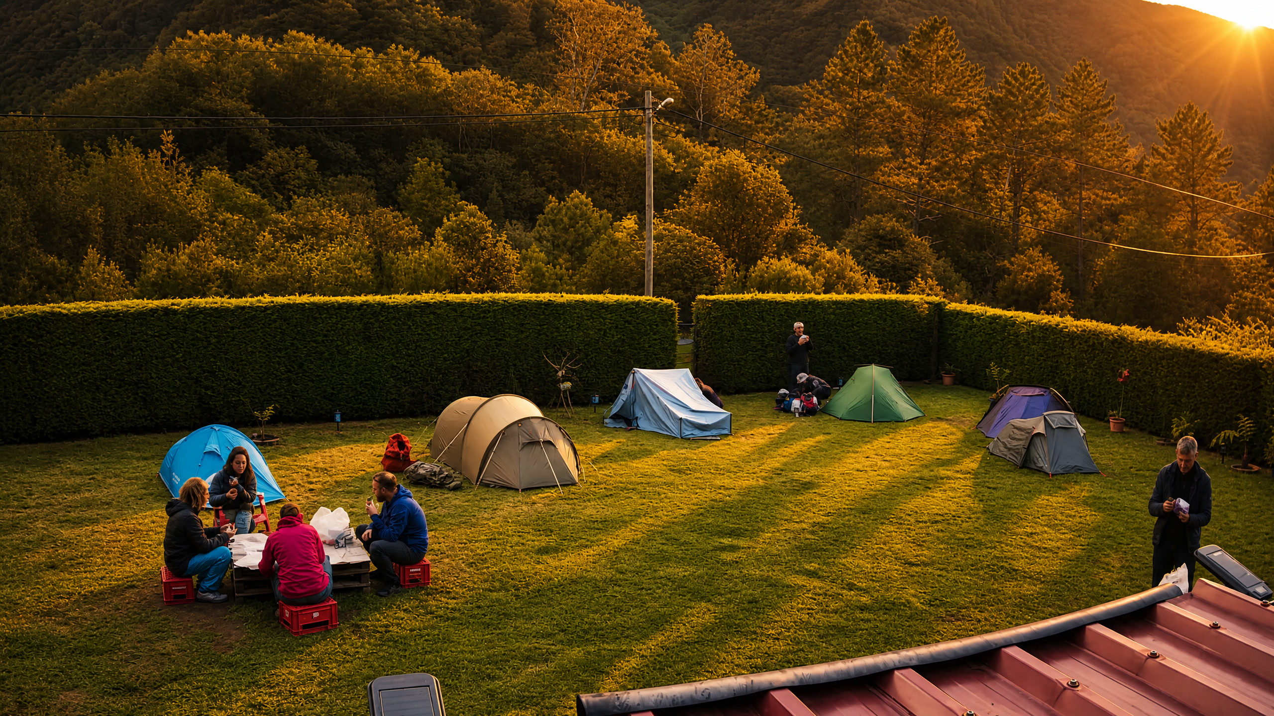 Acampamento ao pôr do sol com tendas e pessoas